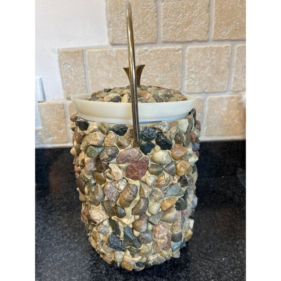 Vtg Ice Bucket Handmade Hand Placed Rocks Stones Pebbles Ice Bucket With Gold - Picture 2 of 10